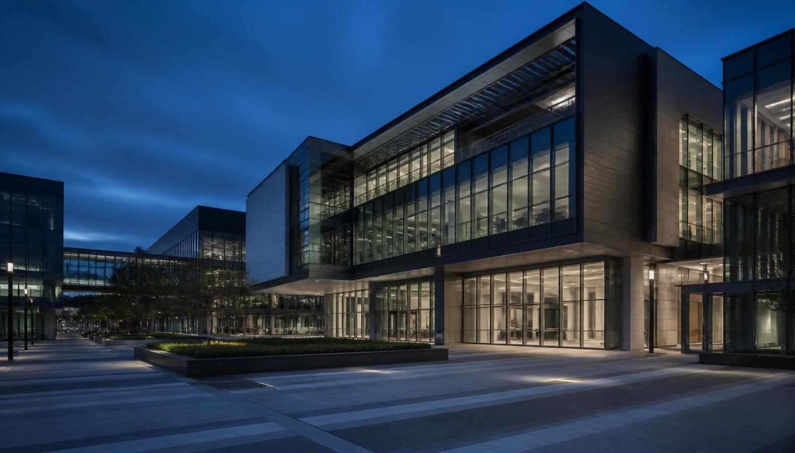Corporate campus at dusk protected by a contracted guarding operation